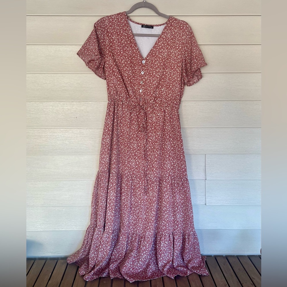 Floral Midi Dress in Pink by [Brand]